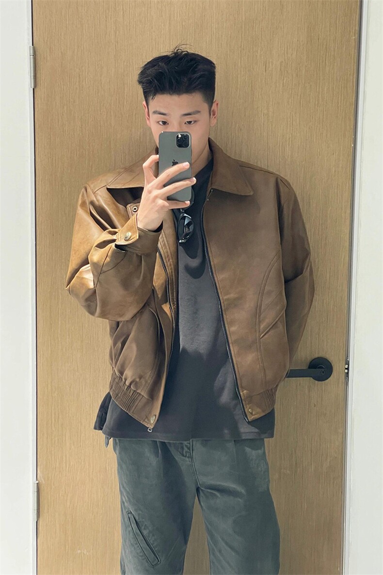 美式复古棕色做旧皮衣机车帅气高级感扎染夹克外套JK42特P78,男装夹克,星座908-1