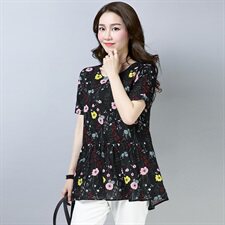 2025年夏季印花棉蕾丝衫/雪纺衫圆领韩版百搭植物花卉气质都市，女装T恤，风姿绰