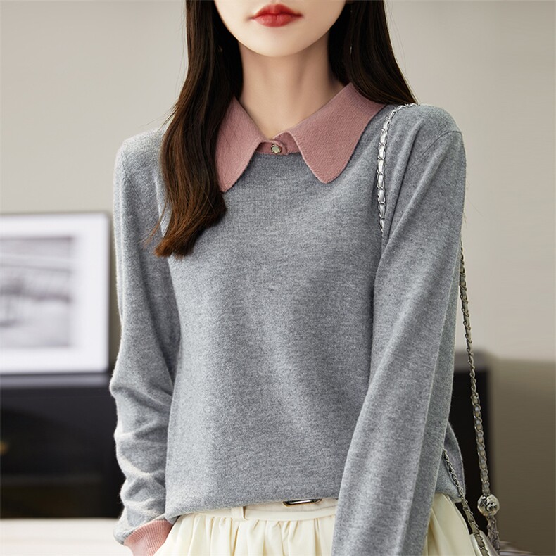 翻领衫女慵懒宽松加厚假头毛衣羊毛针织打底衫,女装羊毛衫,朝思羊绒