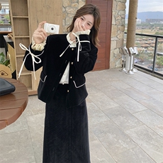 法式小香风丝绒套装裙女2025年春季新款蝴蝶结短外套半身裙两件套，女装套装/套裙，浪娴服饰