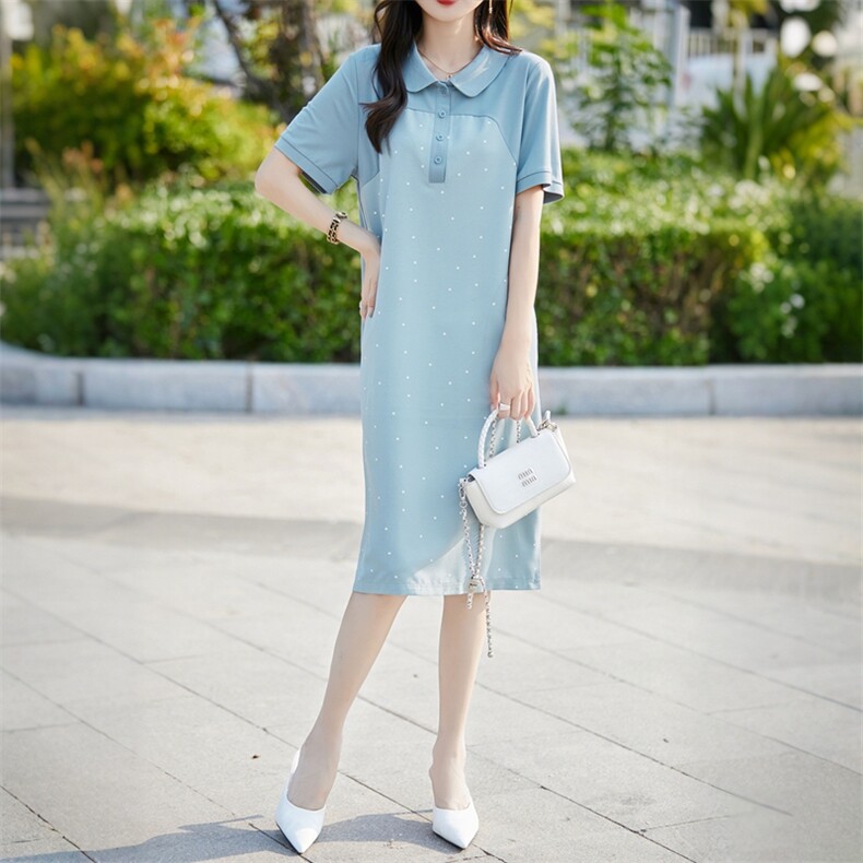 夏季新款简约娃娃领波点连衣裙女宽松百搭显瘦时尚休闲裙,女装连衣裙,臻维羊绒