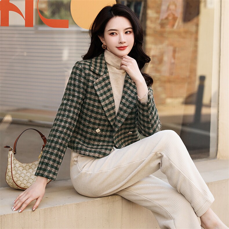 婵米儿毛呢外套女2025秋冬新款韩版修身格子小西装上衣外搭,女装毛呢外套,婵米儿