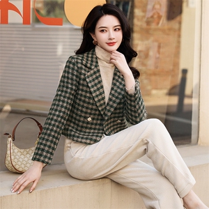 婵米儿毛呢外套女2025秋冬新款韩版修身格子小西装上衣外搭图片