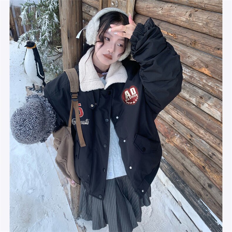 美式设计感羊羔毛翻领棉服外套男女飞行服重磅绣花冬季棉袄  网图图片
