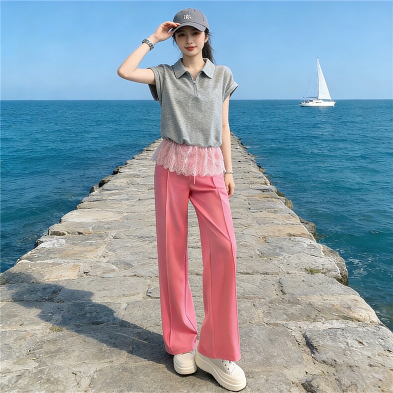 慵懒风时尚洋气套装女夏季新款蕾丝拼接短袖上衣阔腿裤两件套显瘦,女装套装/套裙,江南
