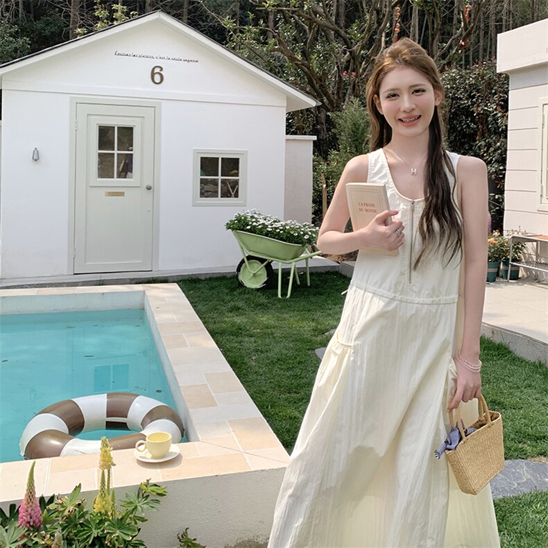 2025夏季复古小众拉链式抽绳收腰显瘦大口袋背心连衣裙女DJ6838,女装连衣裙,蝶眷