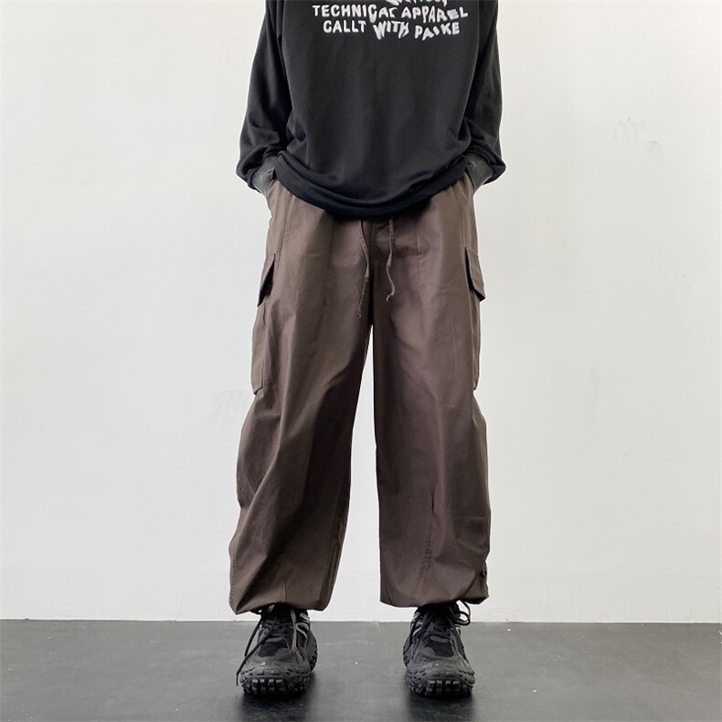 港风秋款男工装裤大口袋复合褶皱抽绳束脚阔腿长裤h7137P45,男装休闲裤,星座1013-1