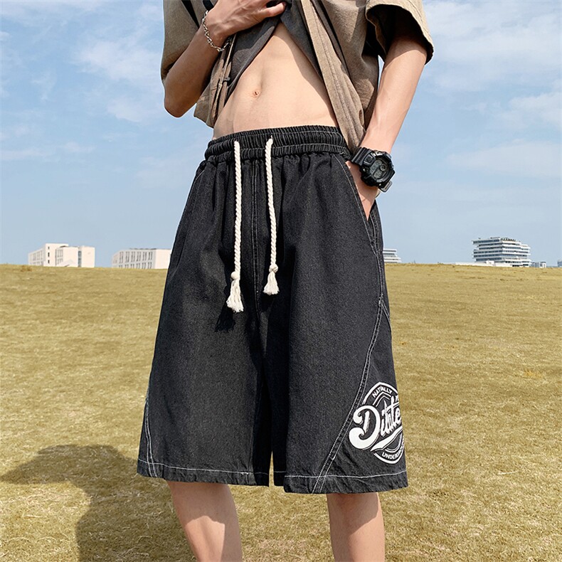2026夏季港风牛仔短裤高品质拼接印花韩版男五分裤XD22988-P45,男装牛仔裤,电商A042