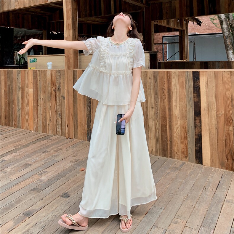 超仙时尚雪纺套装女2026夏新款半透减龄无袖木耳边阔腿裙裤两件套,女装套装/套裙,水衣源