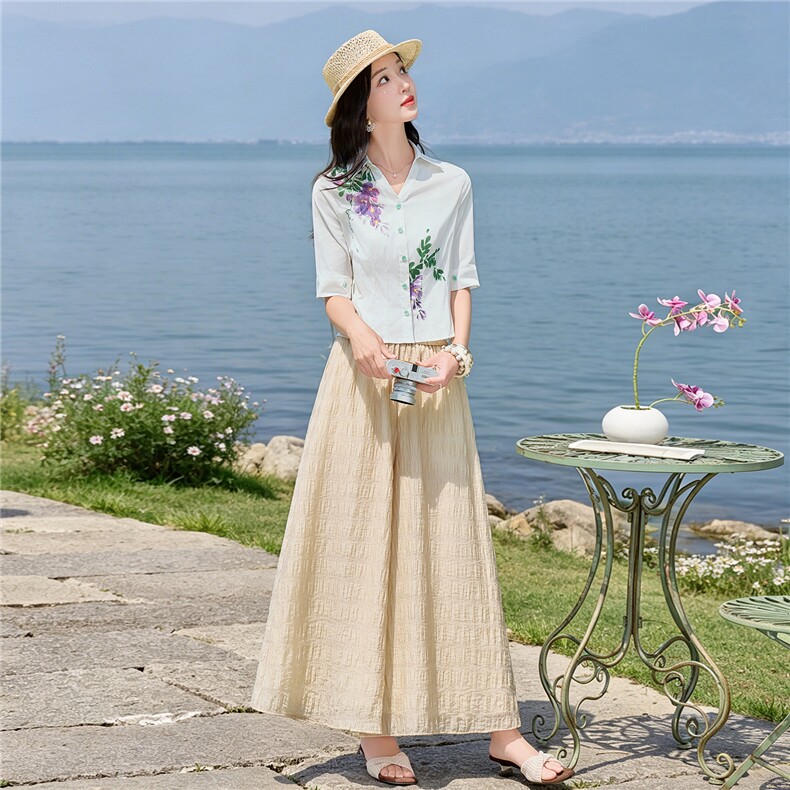 轻熟风时尚小翻领印花衬衫套装女2026夏气质上衣裙裤两件套,女装套装/套裙,水衣源