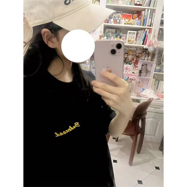 字母刺绣黑色短袖t恤女夏季2025新款潮牌宽松慵懒风半袖纯棉上衣,男装T恤,星座1210-1