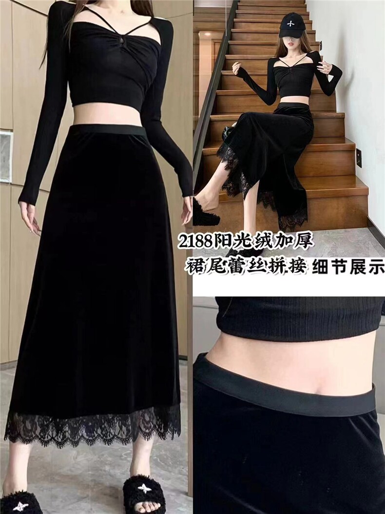 2025百搭秋冬款蕾丝拼接金丝绒侧开叉半身包臀裙,女装半身裙,东正羊绒