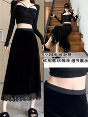 2025百搭秋冬款蕾丝拼接金丝绒侧开叉半身包臀裙，女装半身裙，东正羊绒