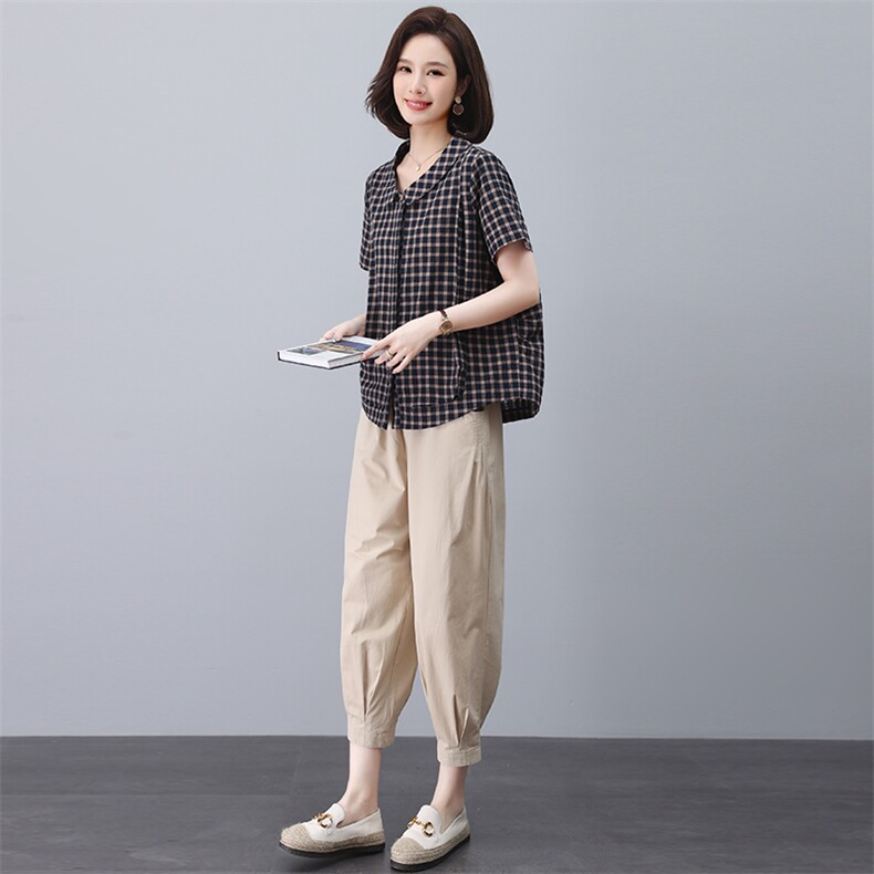 纯棉短袖衬衫女2025夏季新款中年妈妈装格子休闲宽松翻领洋气上衣,女装套装/套裙,忆绮罗