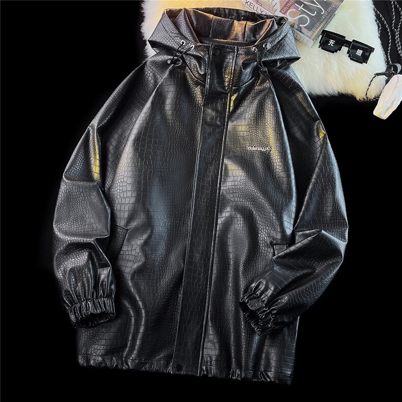 1鳄鱼纹连帽冲锋衣大码M-5XL面层：PU皮夹克男JK8744P90控128图片