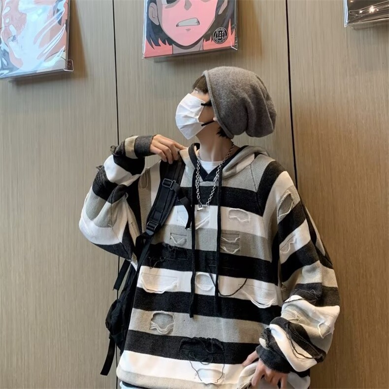 秋季套头针织衫连帽卫衣男女潮牌外套条纹破烂宽松毛衣潮7019/P50,男装针织衫/毛衣,星座506