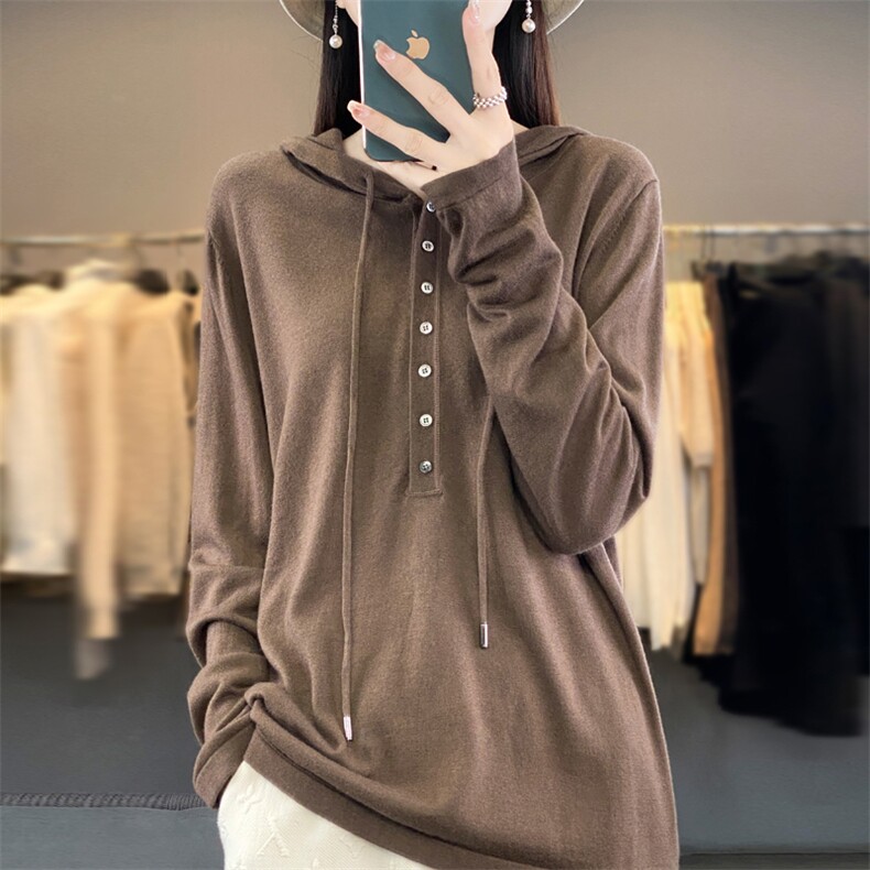 半开系扣帽衫2025年春季长袖单排扣针织衫,女装羊毛衫,东远绒业