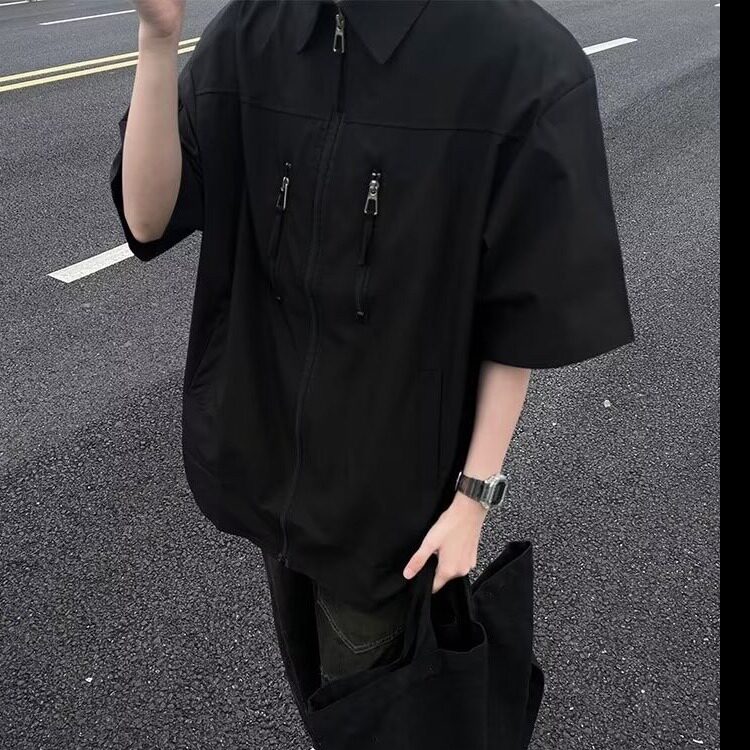 拉链垫肩衬衫男短袖高街夏季浅蓝工装衬衣设计感五分袖CY796-P38,男装衬衫,星座412-2