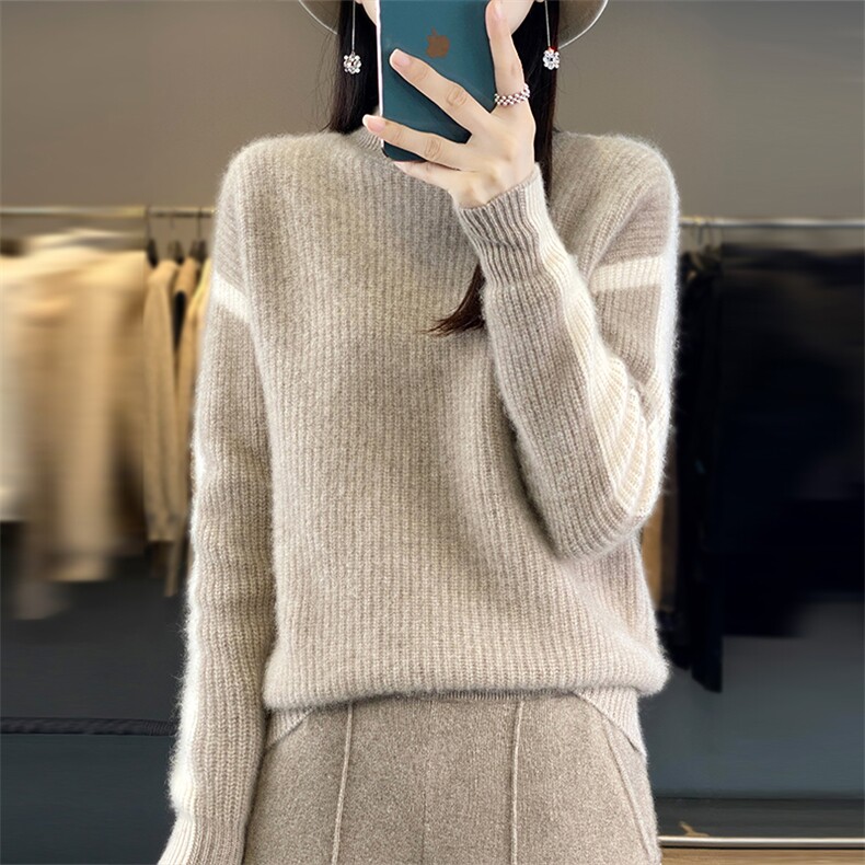 秋冬款100%纯羊毛衫女半高领拼色加厚毛衣宽松长袖羊绒衫针织上衣，女装羊毛衫，米莲尼羊绒