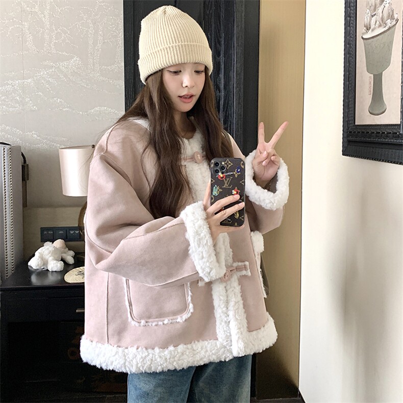 粉色皮毛一体羊羔毛短外套女2024秋冬新款小个子立领加厚保暖棉服,女装短外套,浙宝295A