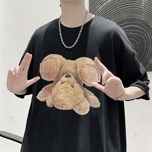 韩系简约原创小熊印花短袖T恤大码宽松男潮517A-1-T913-P28控38图片