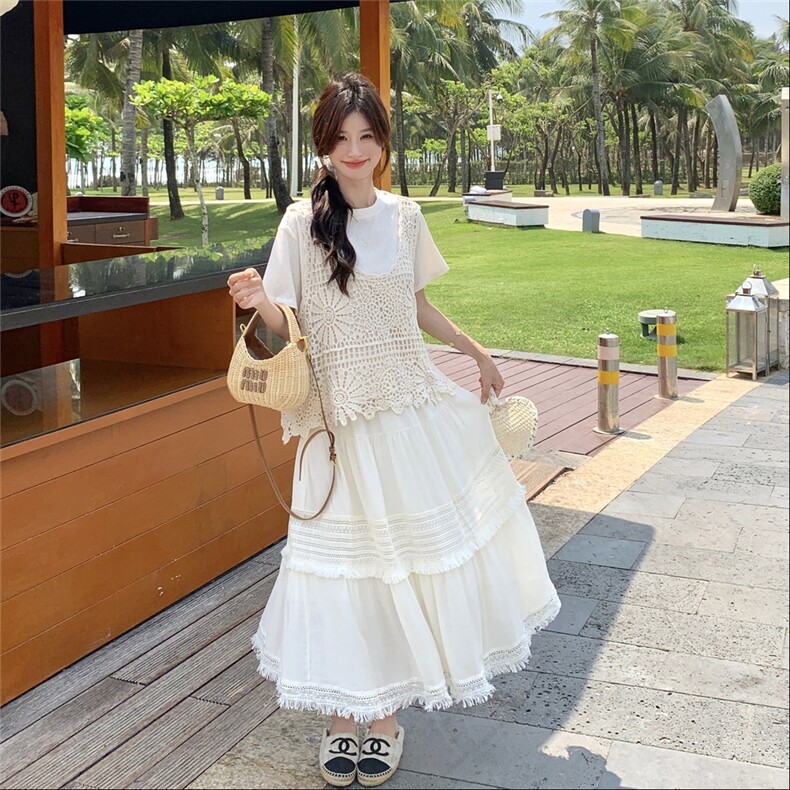 现货:夏装新款气质钩花蕾丝背心半身裙三件套装裙2C135-8803P155图片