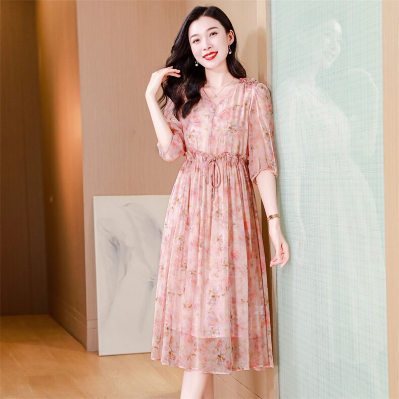 真丝连衣裙2025夏季新款大码女装衣服桑蚕丝高端精致气质碎花裙子,女装连衣裙,阿舍尔精品