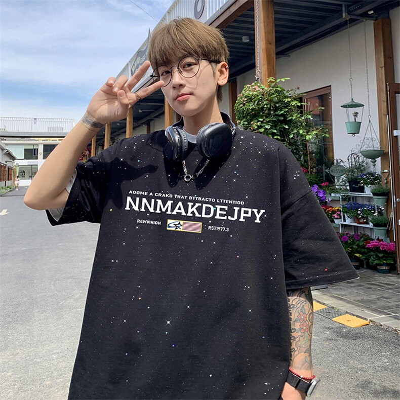 量大优供抖音视频支持得物配合二开美式满天星亮片短袖T恤MTX532,男装T恤,电商A486