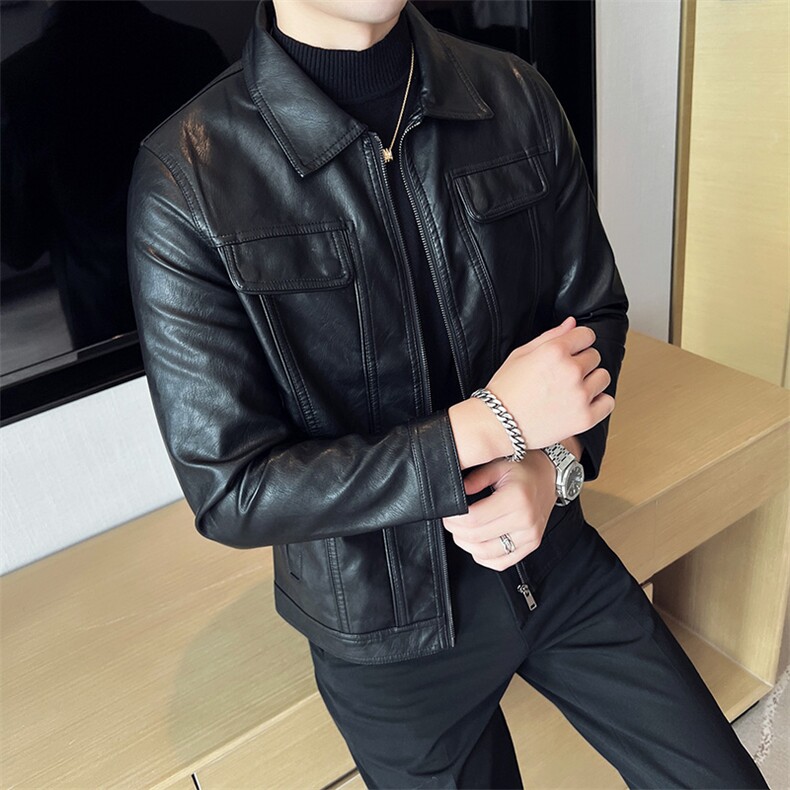 秋季男皮夹克上衣外套翻领黑色机车风6682-P145,男装皮衣,星座1012-1