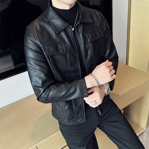 秋季男皮夹克上衣外套翻领黑色机车风 6682-P145图片