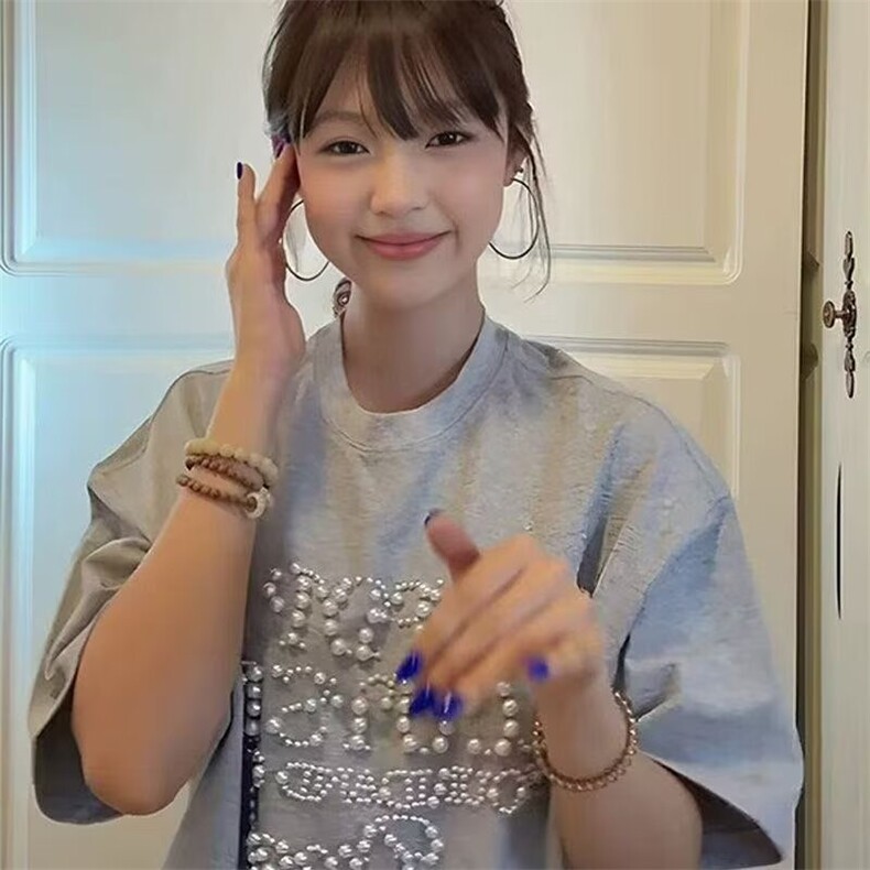 字母珍珠钉珠短袖t恤女夏季2025新款宽松纯棉情侣设计感上衣,男装T恤,星座506A