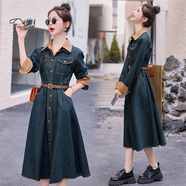 新款现货2026秋装复古色假两件衬衫领可脱卸牛仔连衣裙（配腰带），女装连衣裙，印象茜