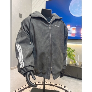 美拉德三条杠pu皮棉衣男冬季加绒加厚羊羔绒棉服美式潮牌连帽外套,修身男皮夹克搭配什么鞋子图片