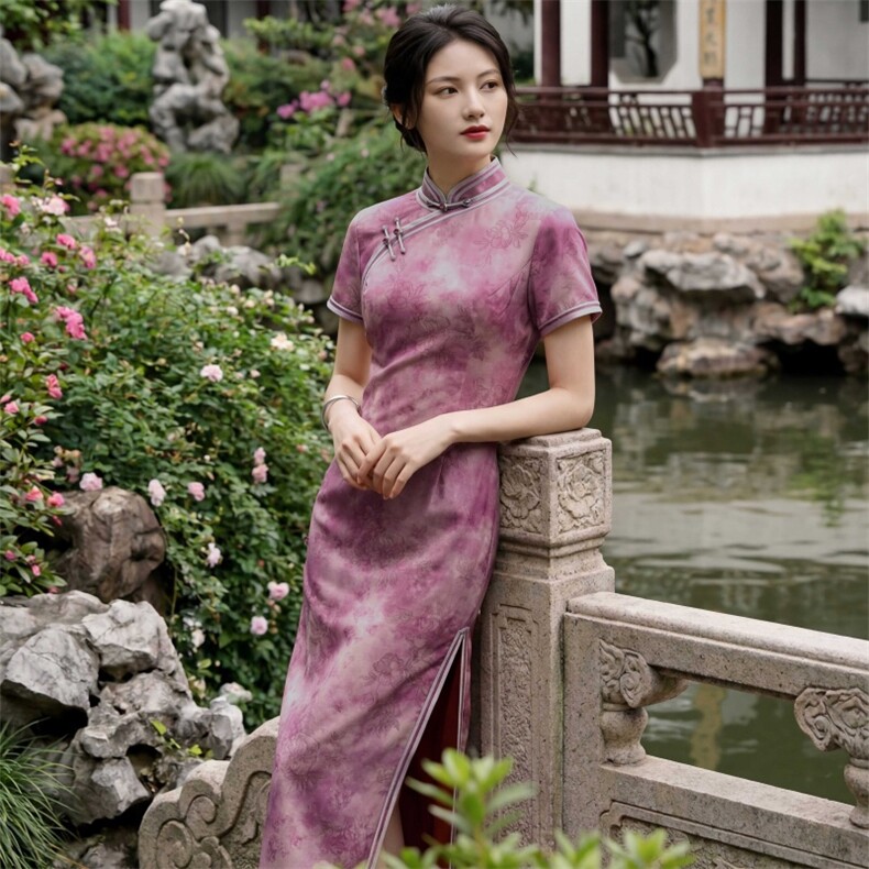 夏季新品时尚气质金丝提花弹力香云纱品质真丝喜庆中长款旗袍裙,女装汉服/婚纱/旗袍/礼服,媚琳依坊