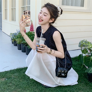 2025新款韩系甜美无袖波点连衣裙子女夏季设计感撞色拼接背心长裙图片
