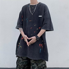 2023春夏季新款男纯棉水洗做旧涂鸦喷金五分袖BE10P38，男装T恤，星座1116-2