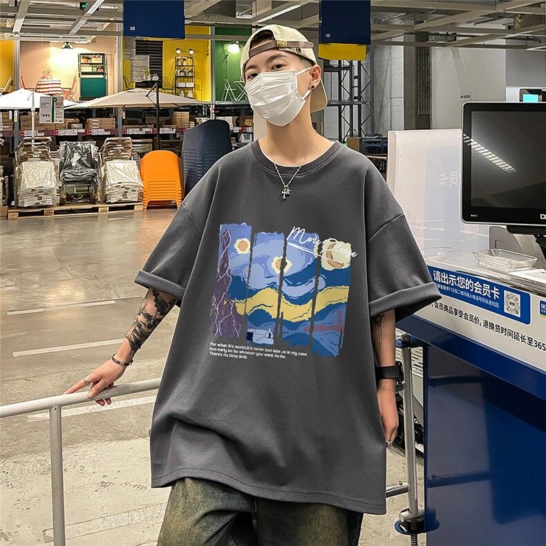 港风23夏季时尚百搭宽松印花圆领复古100棉短袖T恤T6095P25控38,男装T恤,电商A268A
