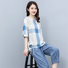 2023夏季棉麻格子简约气质圆领宽松时尚休闲显瘦舒适上衣，女装衬衫，独衣靓