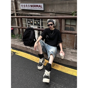 现货~美式高街工装牛仔短裤男复古宽松直筒中裤七分裤A3125-特P45图片