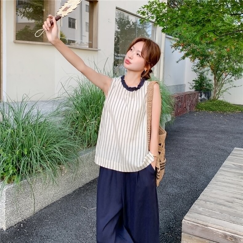 时尚减龄条纹无袖小衫阔腿裤套装女2025夏新款韩系甜美休闲两件套,女装套装/套裙,2C213