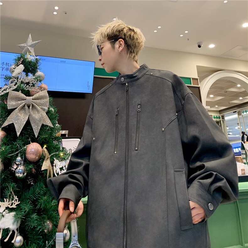 2025秋做旧斜拉链设计PU皮衣大口袋短外套机车服PY9302,男装皮衣,星座1108