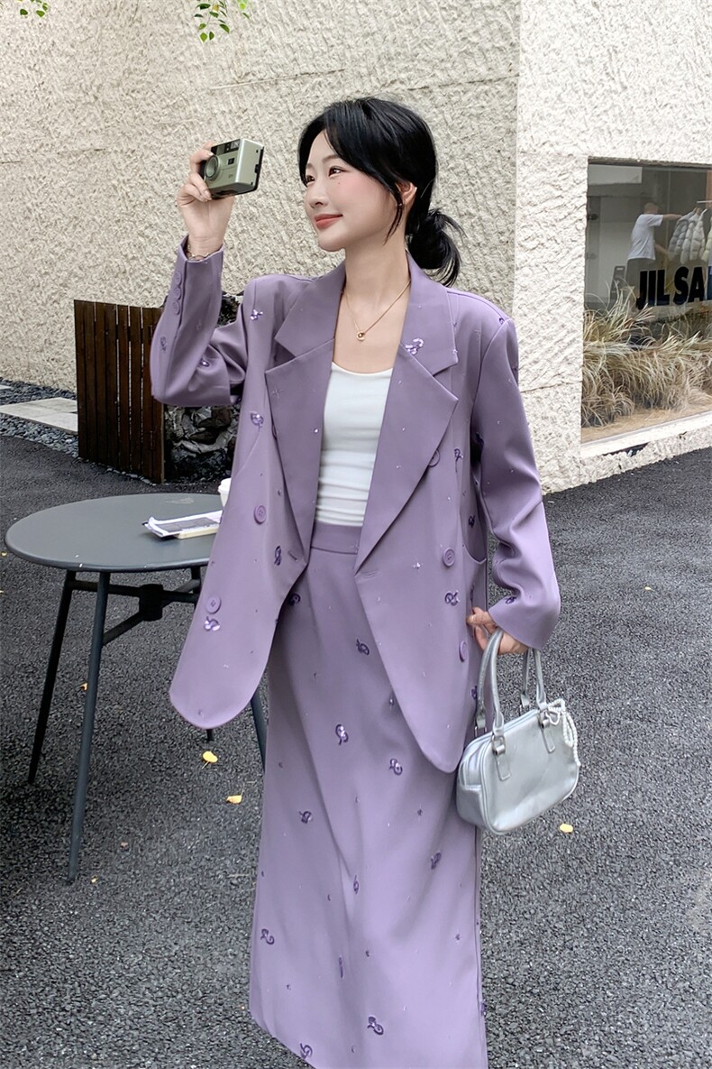 超好看紫色西装套装女2025秋季新款少女感小清新西服半身裙两件套,女装套装/套裙,2C176