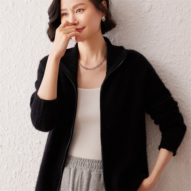 2024秋季新款高领长袖拉链35%羊绒开衫复古休闲,女装羊绒衫,雪真羊绒高端店