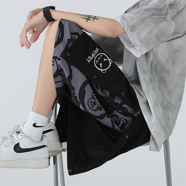 夏季美式i高街hiphop假两件排扣宽松直筒运动5分6分短裤货号DK37图片