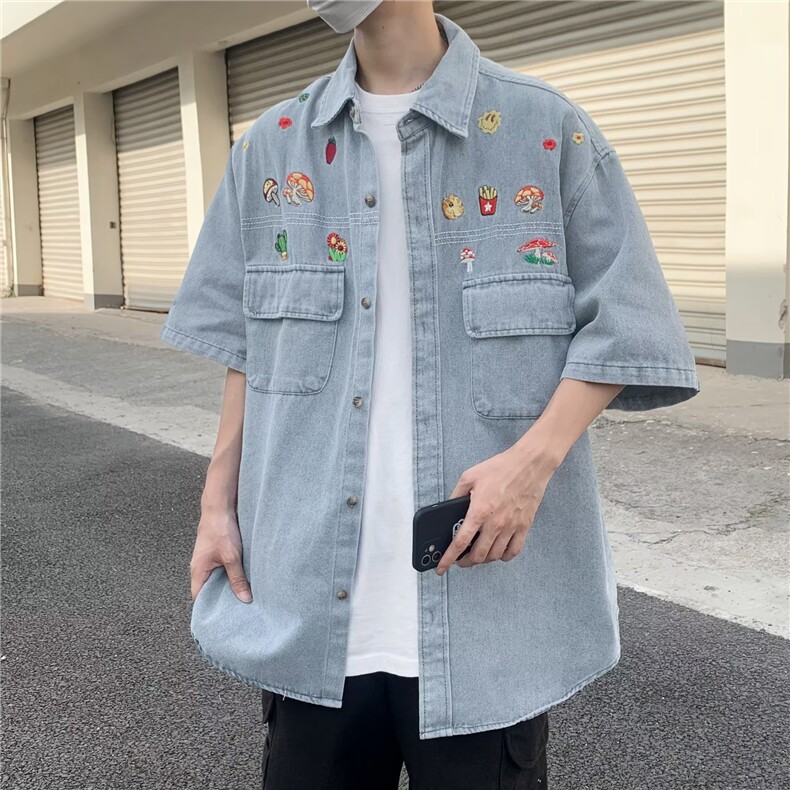 牛仔衬衫男韩版潮流短袖刺绣帅气2024夏季新款ins外套CY279-P51,男装衬衫,星座412-3