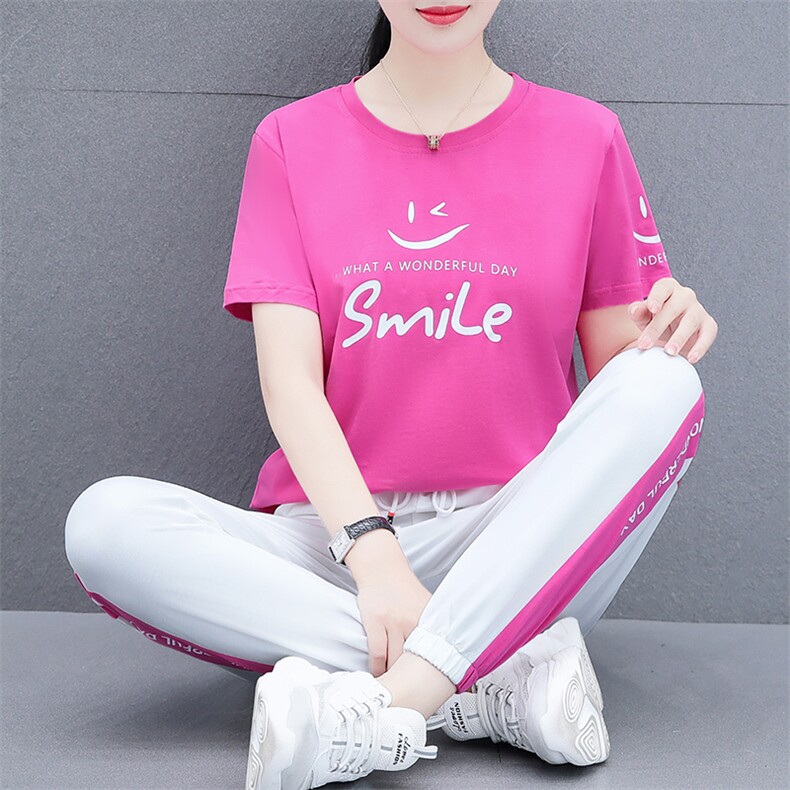 燕颉短袖时尚套装女式夏季2023年纯棉休闲晨跑运动服宽松两件套,女装运动套装,燕颉服饰