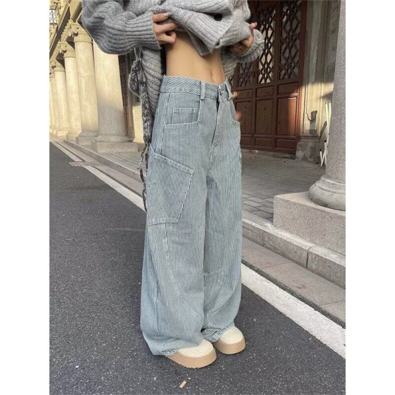 宽松型青少年直筒常规秋冬竖条纹明线牛仔裤男女长裤纯色夏季中腰,男装牛仔裤,星座506A