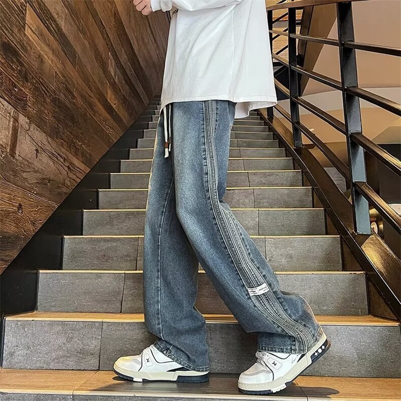 牛仔裤男2024秋冬季美式复古宽松直筒长裤青少年抽绳阔腿裤子,男装牛仔裤,星座410-7