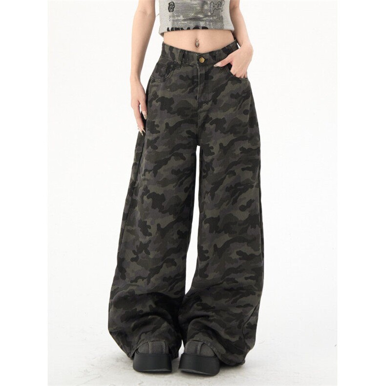 2388-P50美式高街工装阔腿牛仔迷彩裤2025新款宽松直筒裤，女装休闲裤，电商A306A