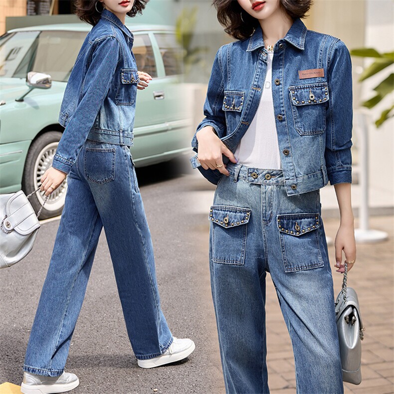 现货韩版时尚牛仔套装女春2024新款洋气显瘦显高牛仔两件套装潮,女装套装/套裙,美拉德工厂直营店